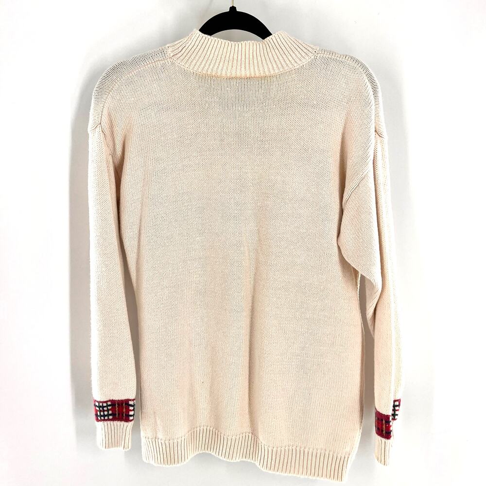 women's SM vintage floral intarsia mock neck sweater plaid off white pink purple - Picture 5 of 8